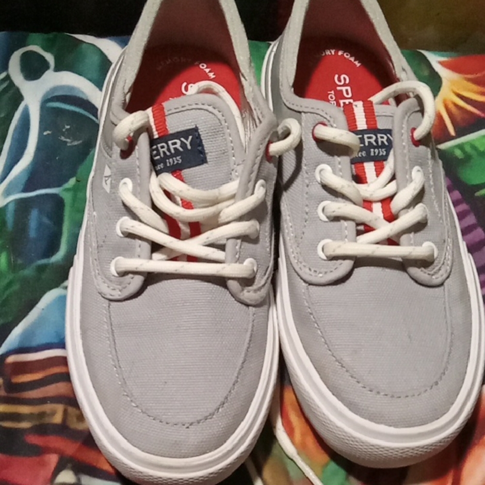 Boys Sperry Canvas Sneakers with Red and Gray Accents